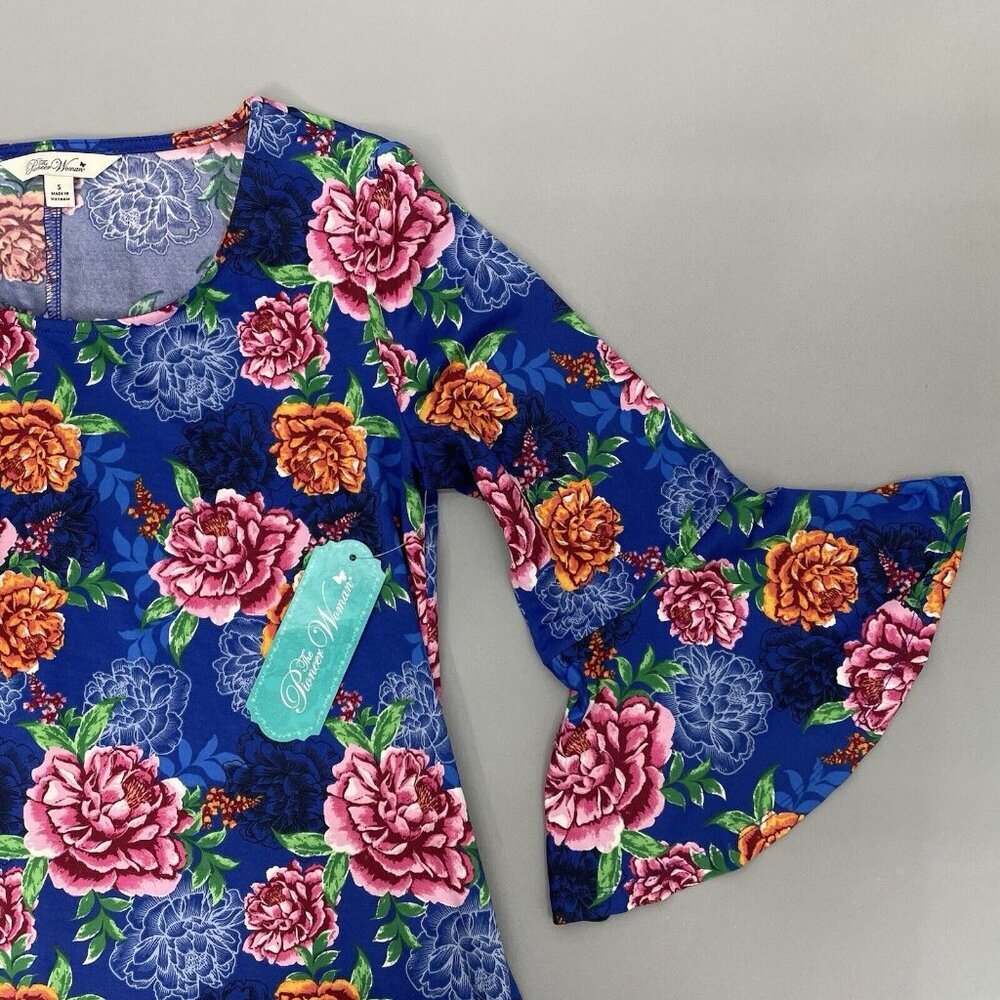 Pioneer Woman 3/4 Bell Sleeve Ruffle Dress Stretch Colorful Floral Blue Womens S